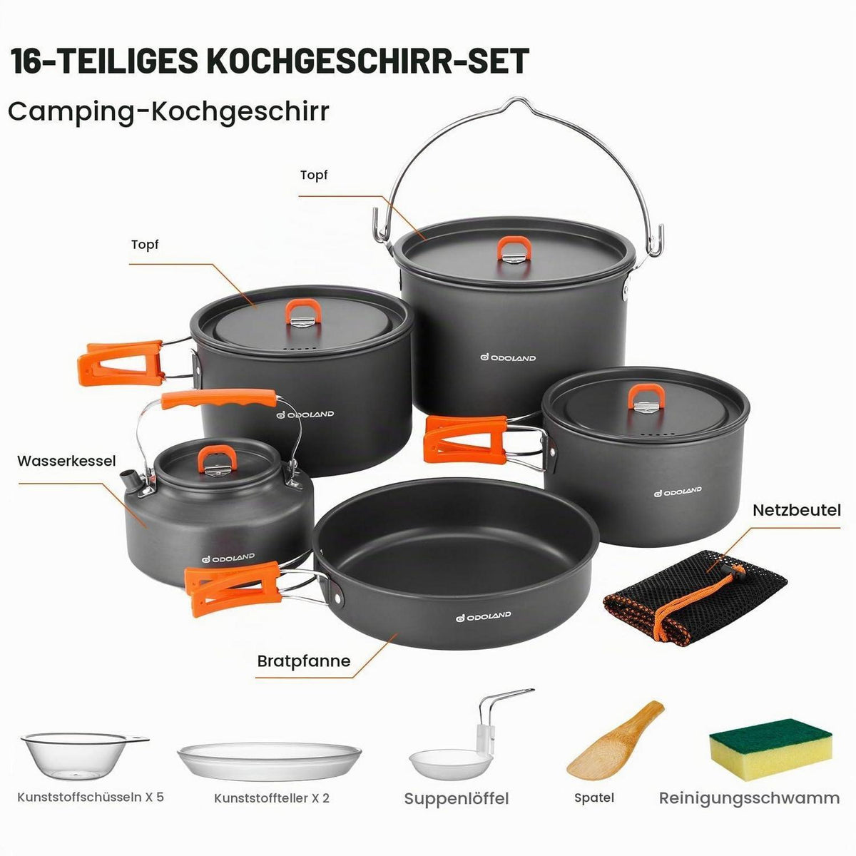 Camping Kochgeschirr Set 16-teilig – Outdoor Topf & Pfannen Set