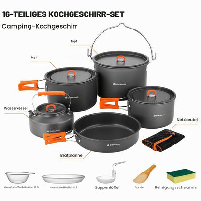Camping Kochgeschirr Set 16-teilig – Outdoor Topf & Pfannen Set
