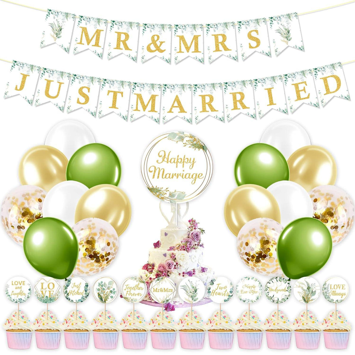 Hochzeit Just Married Deko Set Eukalyptus Grün Banner Ballons