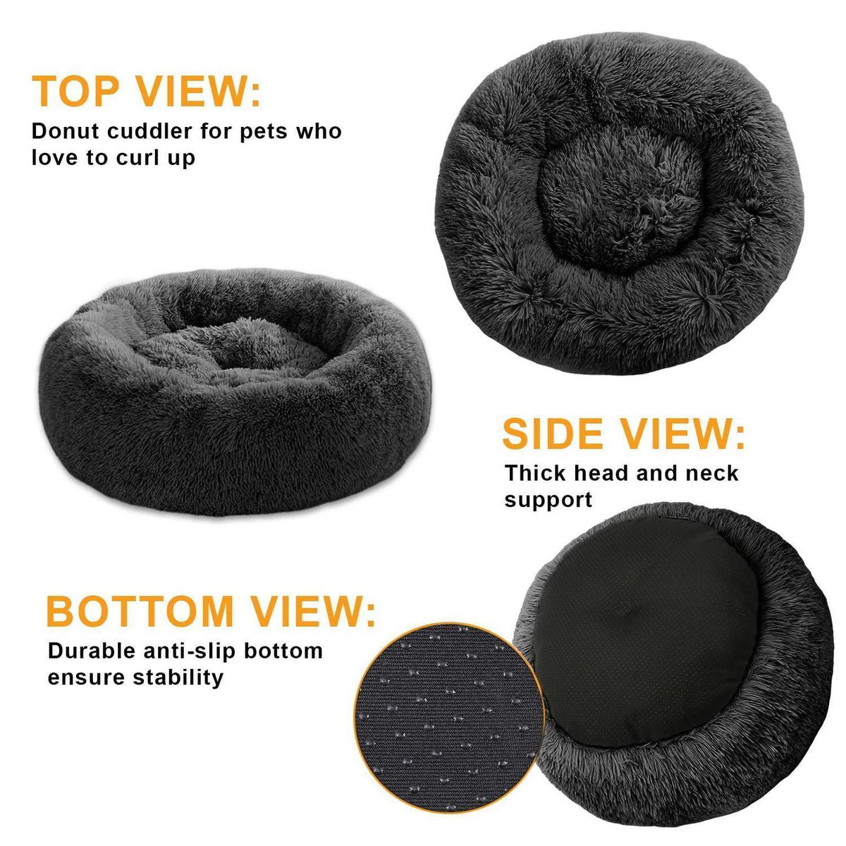 Flauschiges Hundebett Donut – Rundes Kissen 80cm Dunkelgrau