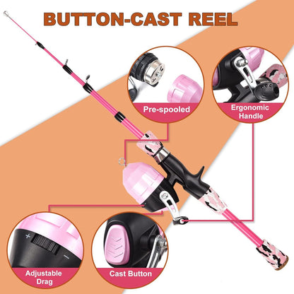 Kinder Angelset Teleskop 1.5m Rute Rolle Köder Set Pink