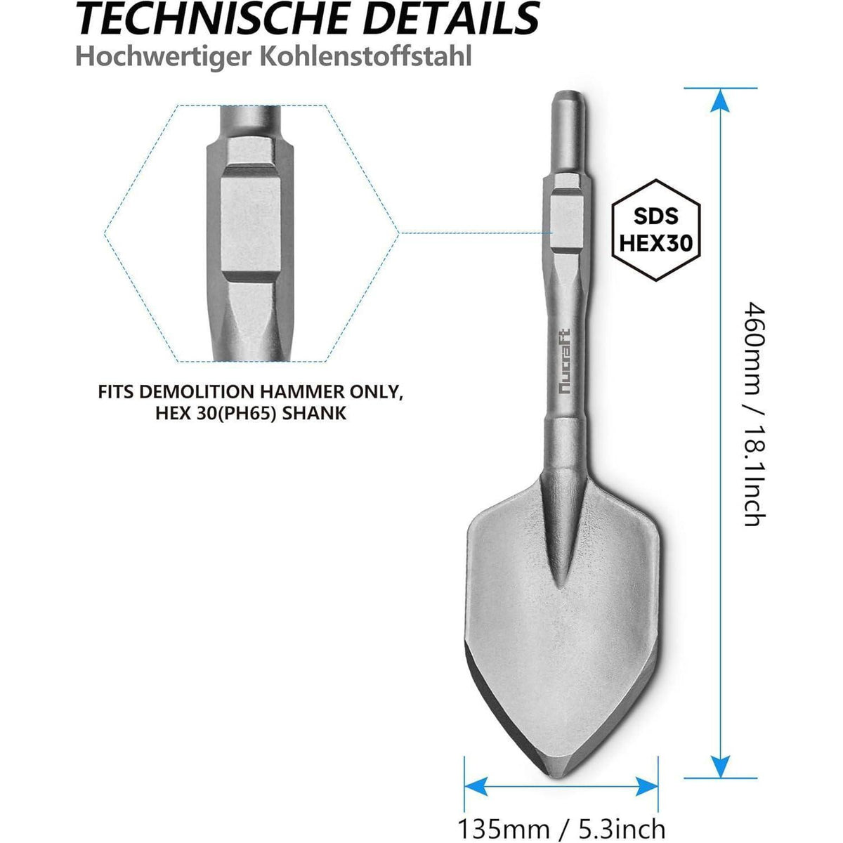 SDS HEX Schaufelmeißel 135x460mm – Asphalt & Beton Abbruchmeißel