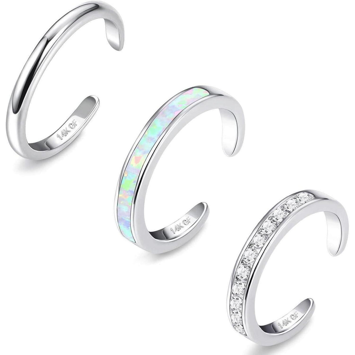 Zehenring Set 3 Stück 14K Gold gefüllt Verstellbar mit Opal & CZ Blume