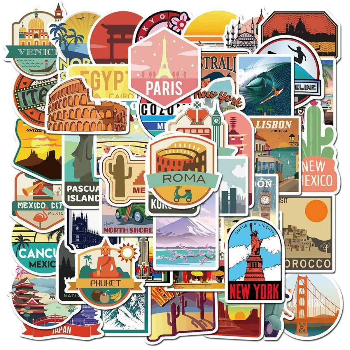 Vintage Reise Aufkleber Set – 50 Retro Vinyl Sticker für Koffer & Co.