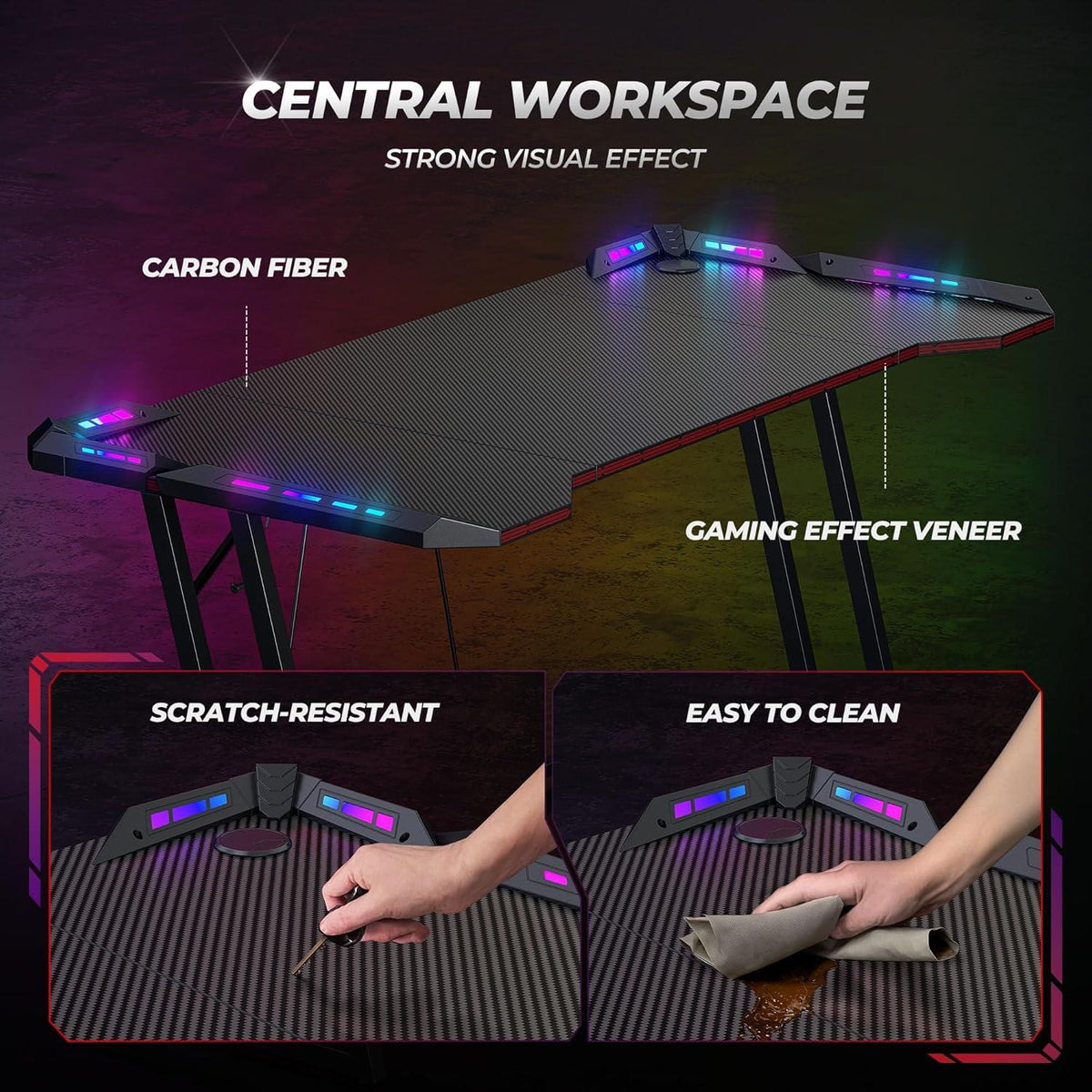 Gaming Tisch LED 140x60 cm Kohlefaser Schwarz SEO-optimal