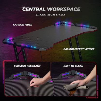 Gaming Tisch LED 140x60 cm Kohlefaser Schwarz SEO-optimal