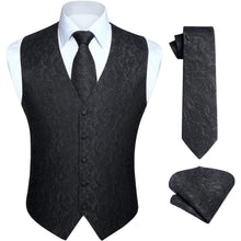 Herren Weste Krawatte Einstecktuch Set Jacquard Seide M Schwarz