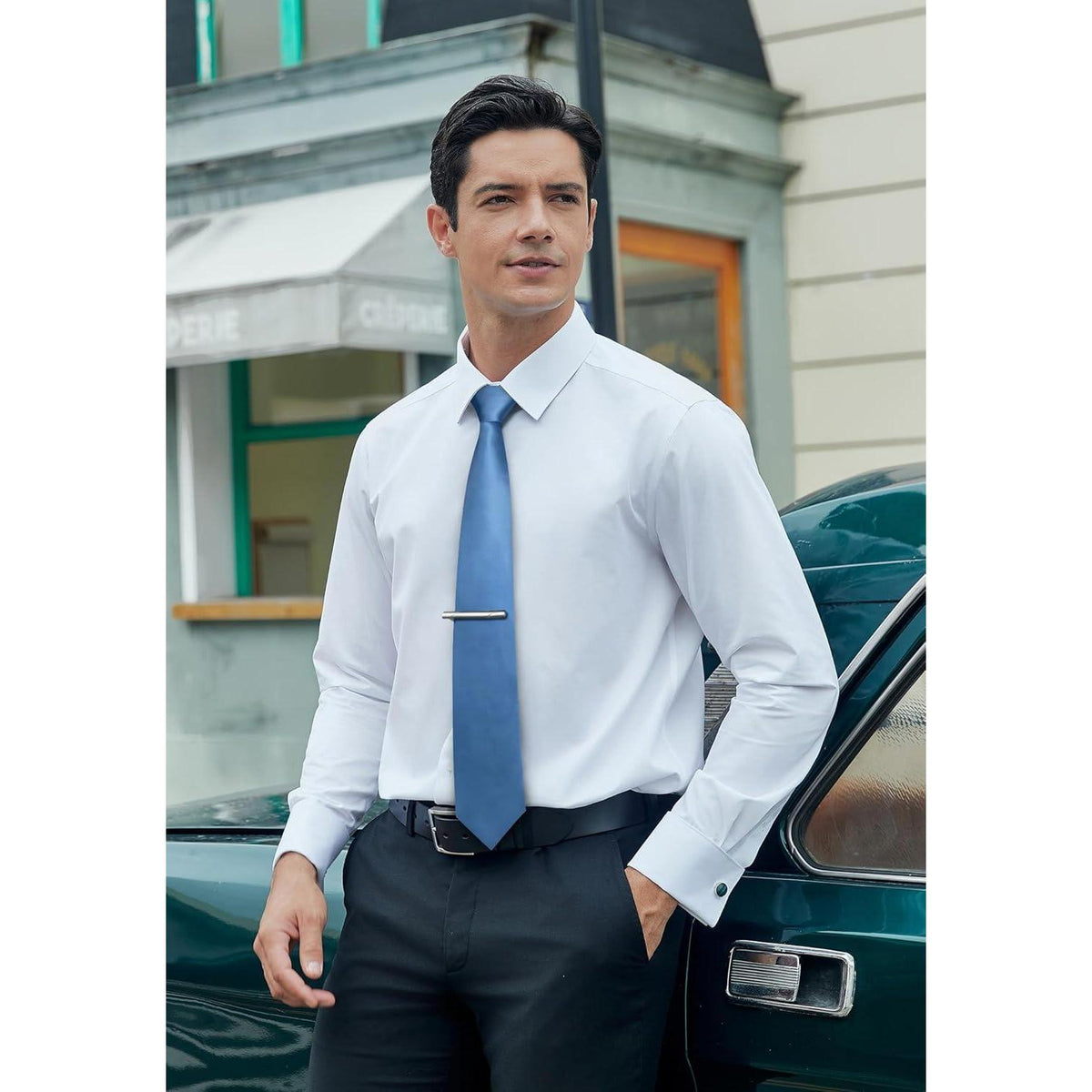 Herren Krawatten-Set mit Einstecktuch und Krawattenklammer, Blau