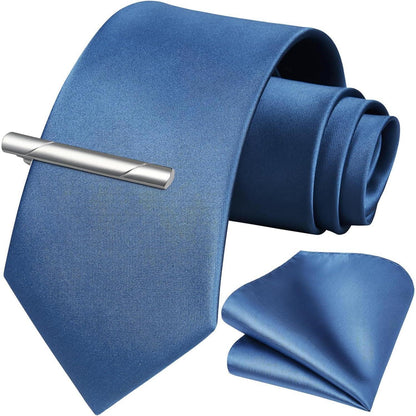 Herren Krawatten-Set mit Einstecktuch und Krawattenklammer, Blau