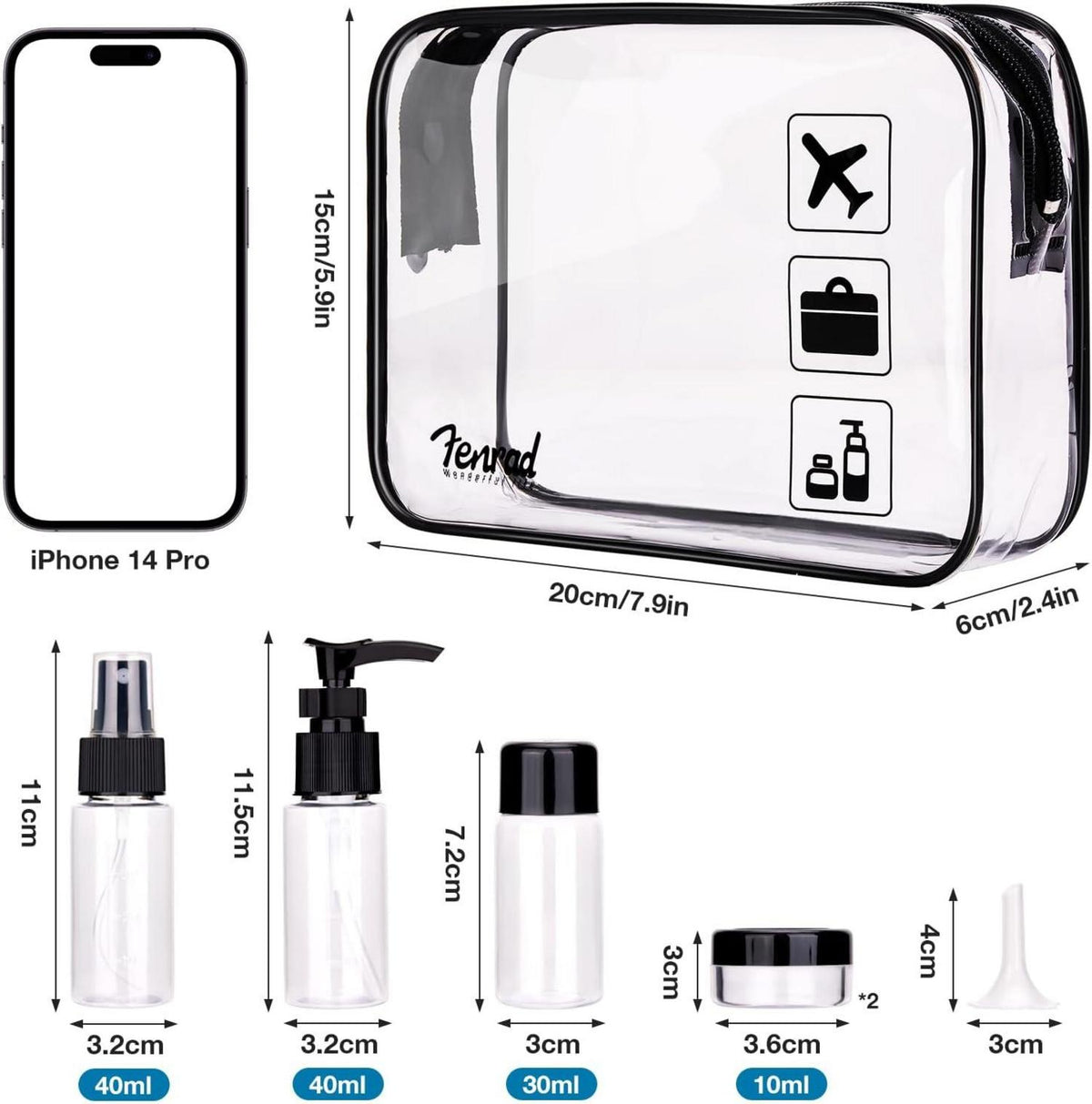 Kulturbeutel Transparent mit Reiseflaschen Set 5-teilig TSA-geprüft