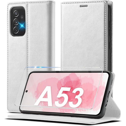 Samsung A53 5G Klapphülle Weiß mit Ständer & Kartenfächern in Lederoptik