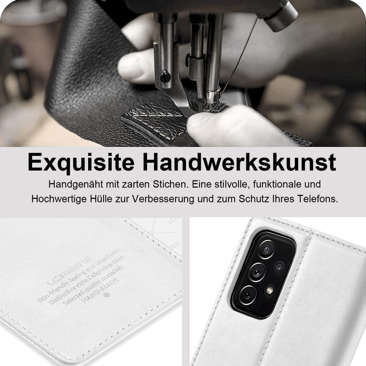 Samsung A53 5G Klapphülle Weiß mit Ständer & Kartenfächern in Lederoptik