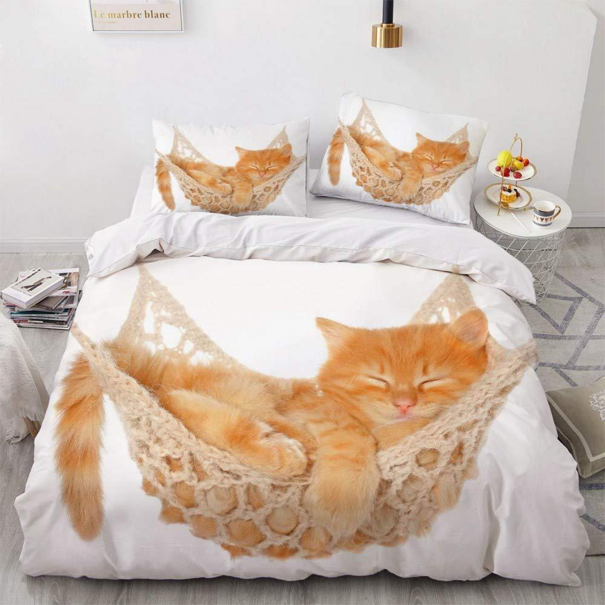 Kinder Bettwäsche 135x200 4-teilig Katze Gelb 3D Mikrofaser Bettbezug Set