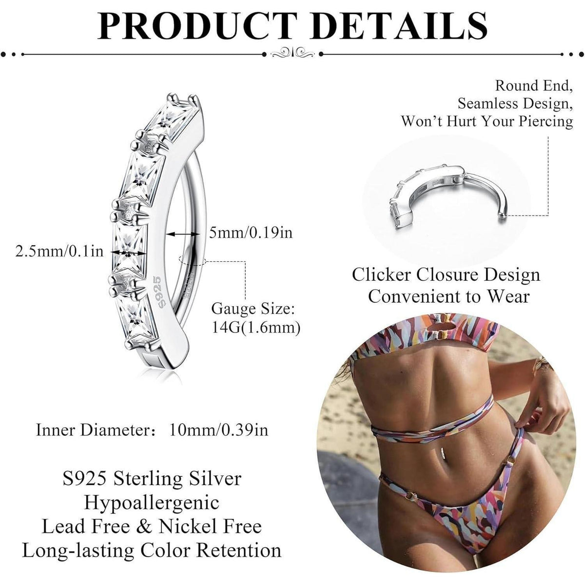 Bauchnabelpiercing Ring Silber 925 mit Zirkonia, 14G Clicker