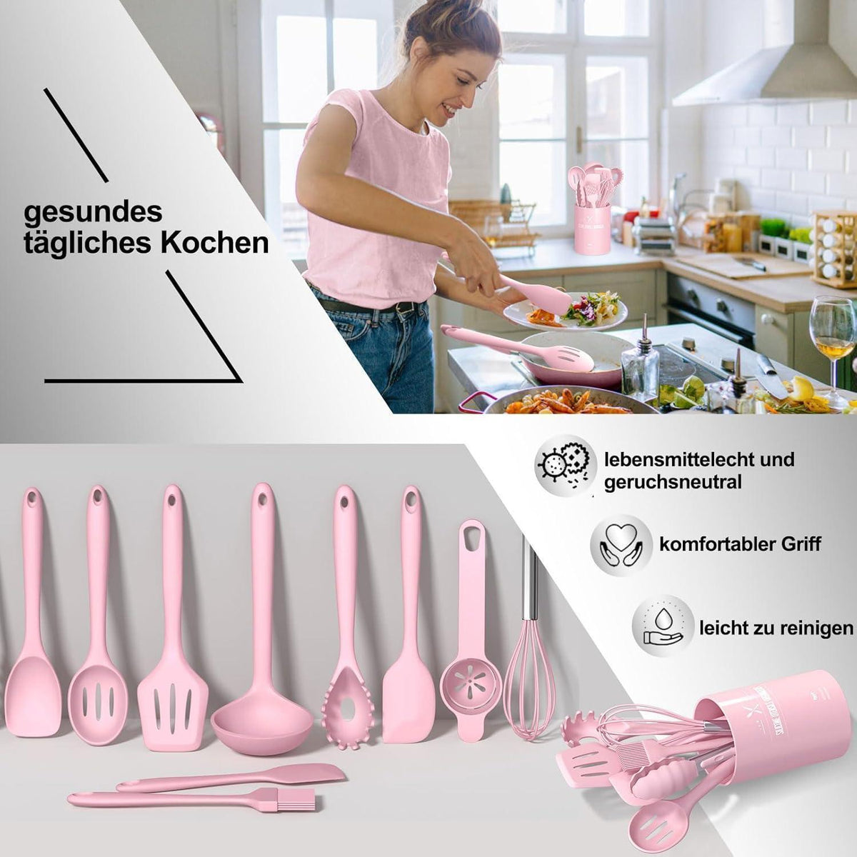 12-teiliges Silikon Küchenhelfer Set Rosa – Kochutensilien & Utensilienhalter