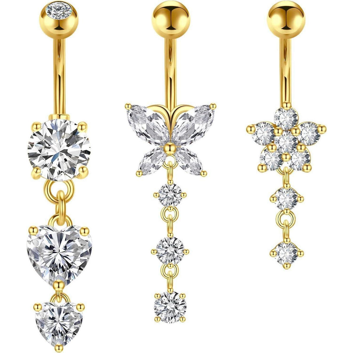 Bauchnabelpiercing Edelstahl 10mm Herz Schmetterling Blume Gold