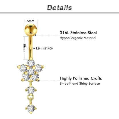 Bauchnabelpiercing Edelstahl 10mm Herz Schmetterling Blume Gold