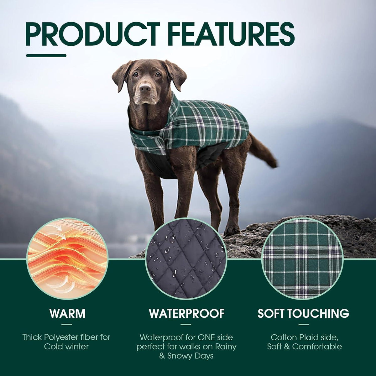 Hundemantel Winter Wasserdicht Fleece XS Grün Kariert