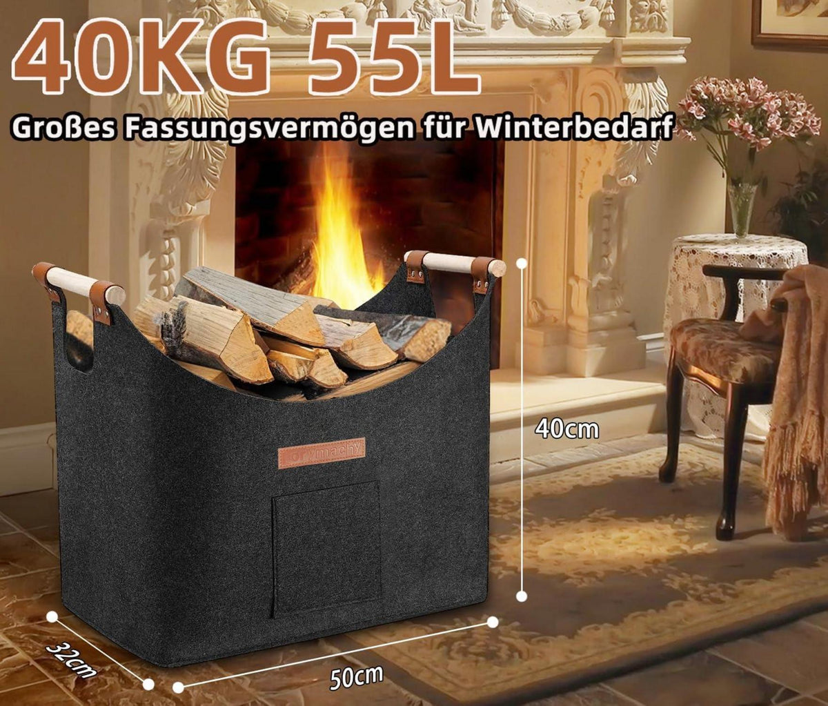 XXL Holzkorb aus Filz für Kaminholz, 55 Liter, Dunkelgrau