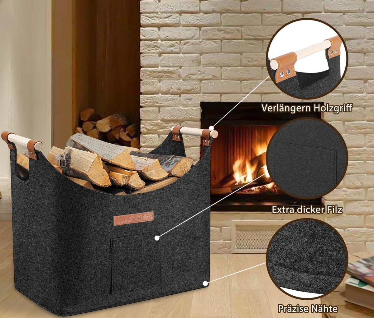 XXL Holzkorb aus Filz für Kaminholz Brennholz 50x32x40 cm Dunkelgrau