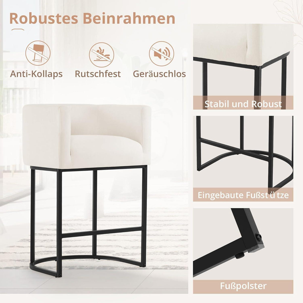 Barhocker Set 2er-Pack mit Lehne & Armlehnen – Weiß
