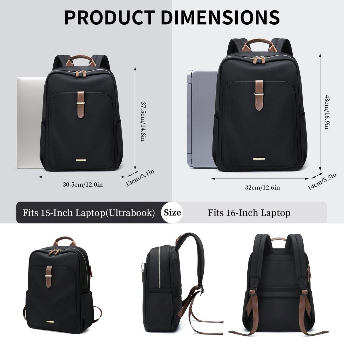 Laptop Rucksack 16 Zoll Damen & Herren – Elegante Schul- & Reisetasche Schwarz