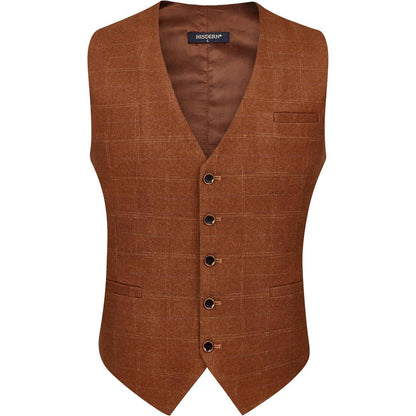 Herren Anzugweste Karomuster V-Ausschnitt Verstellbar Gebranntes Orange 4XL