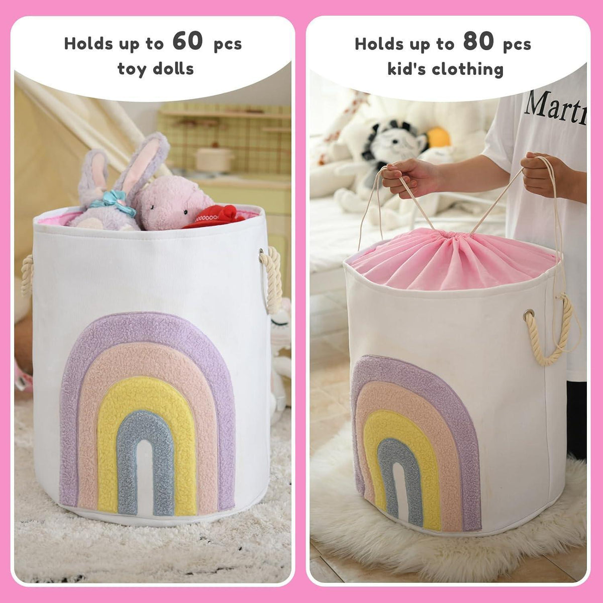 Rosa Baby Wäschekorb 58L – Faltbar & mit Regenbogen