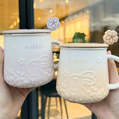 Hasen Tasse mit Deckel & Löffel – Süßer Becher mit Kirschblüte (Grün)