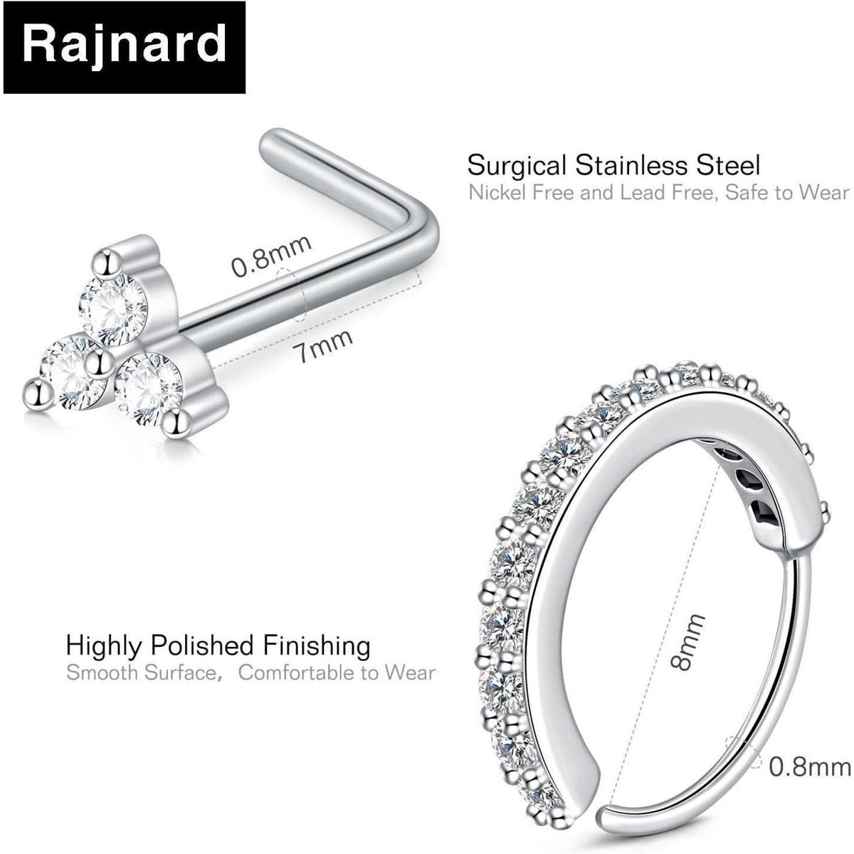 Nasenpiercing Set 316L Chirurgenstahl 20G L-Form & Ringe Silber Gold