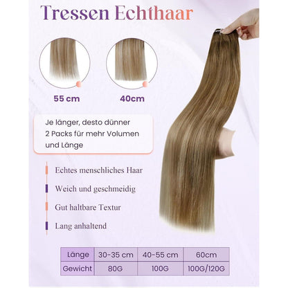 Echthaar Tressen zum Einnähen Braun Blond 55cm