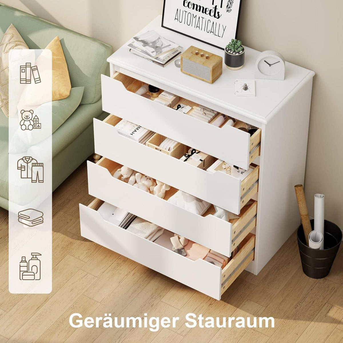 Weiße Kommode mit 4 Schubladen – Schlafzimmer Schrank mit Kippsicherung