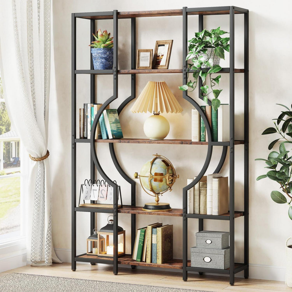 5-stöckiges Vintage Bücherregal mit Metallrahmen (Braun)
