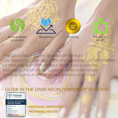 Goldene Metallic Tattoos – 6 große Blätter | Festival & Party
