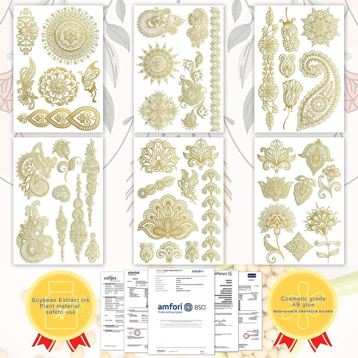 Goldene Metallic Tattoos – 6 große Blätter | Festival & Party