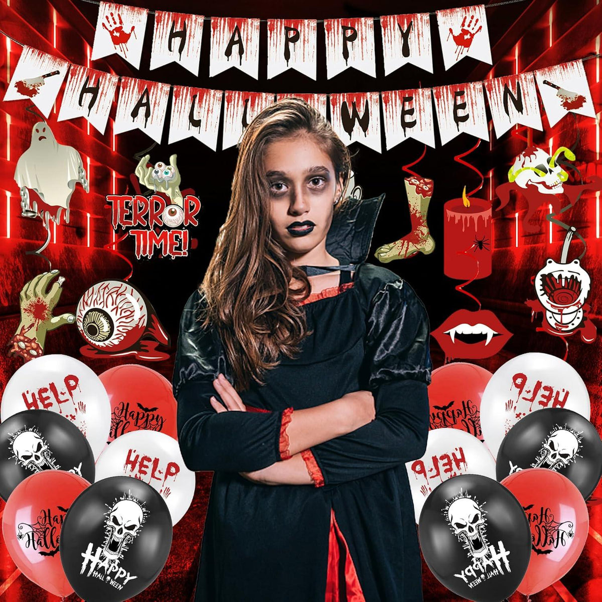 Halloween Party Deko Set Luftballons Girlande Banner Kostüm Grusel Indoor