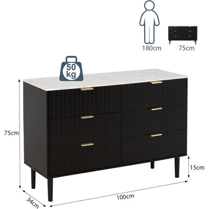 Kommode 100cm mit 6 Schubladen & Marmoroptik – Schwarz