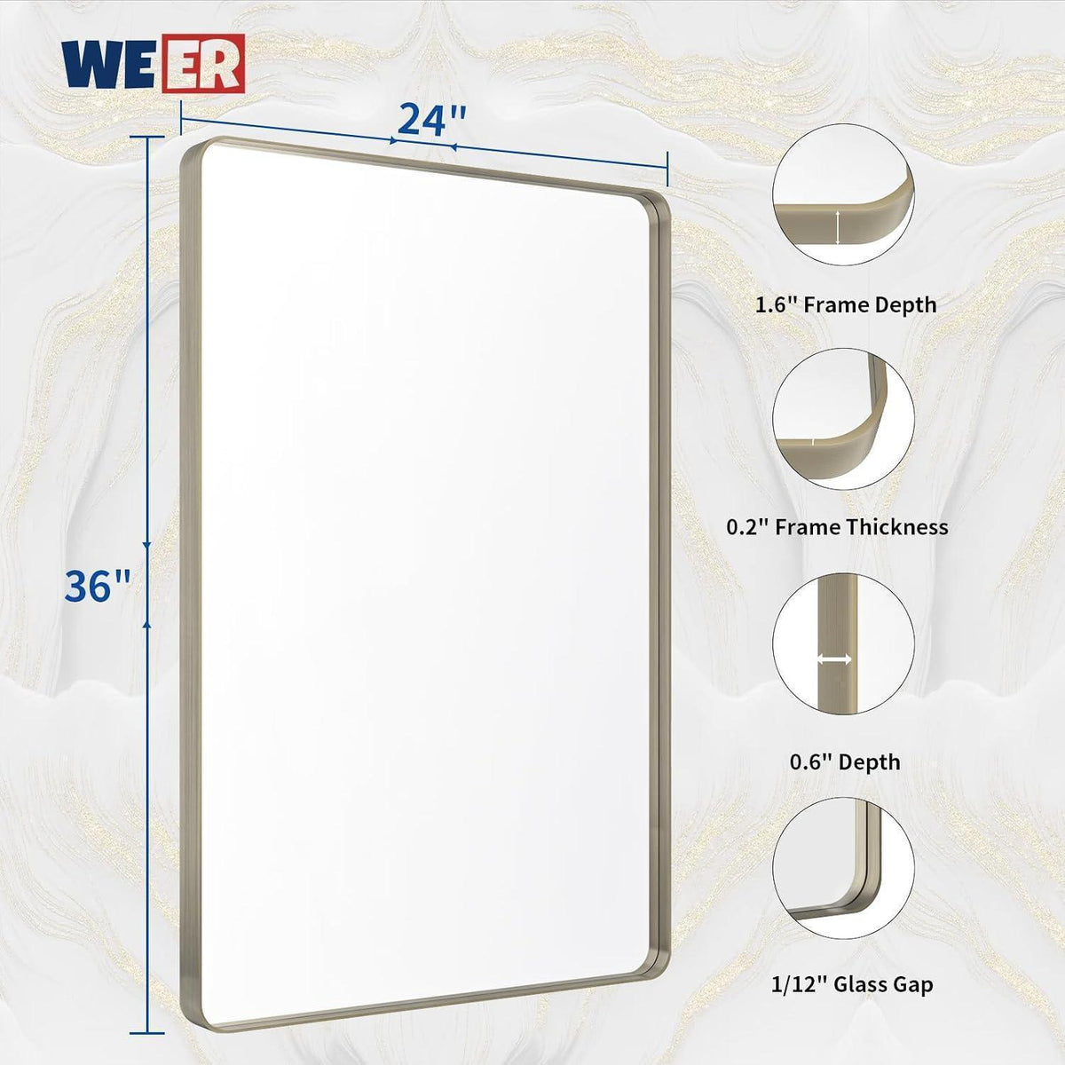 Gebürsteter Nickel Badezimmerspiegel mit Metallrahmen 61x91.4 cm