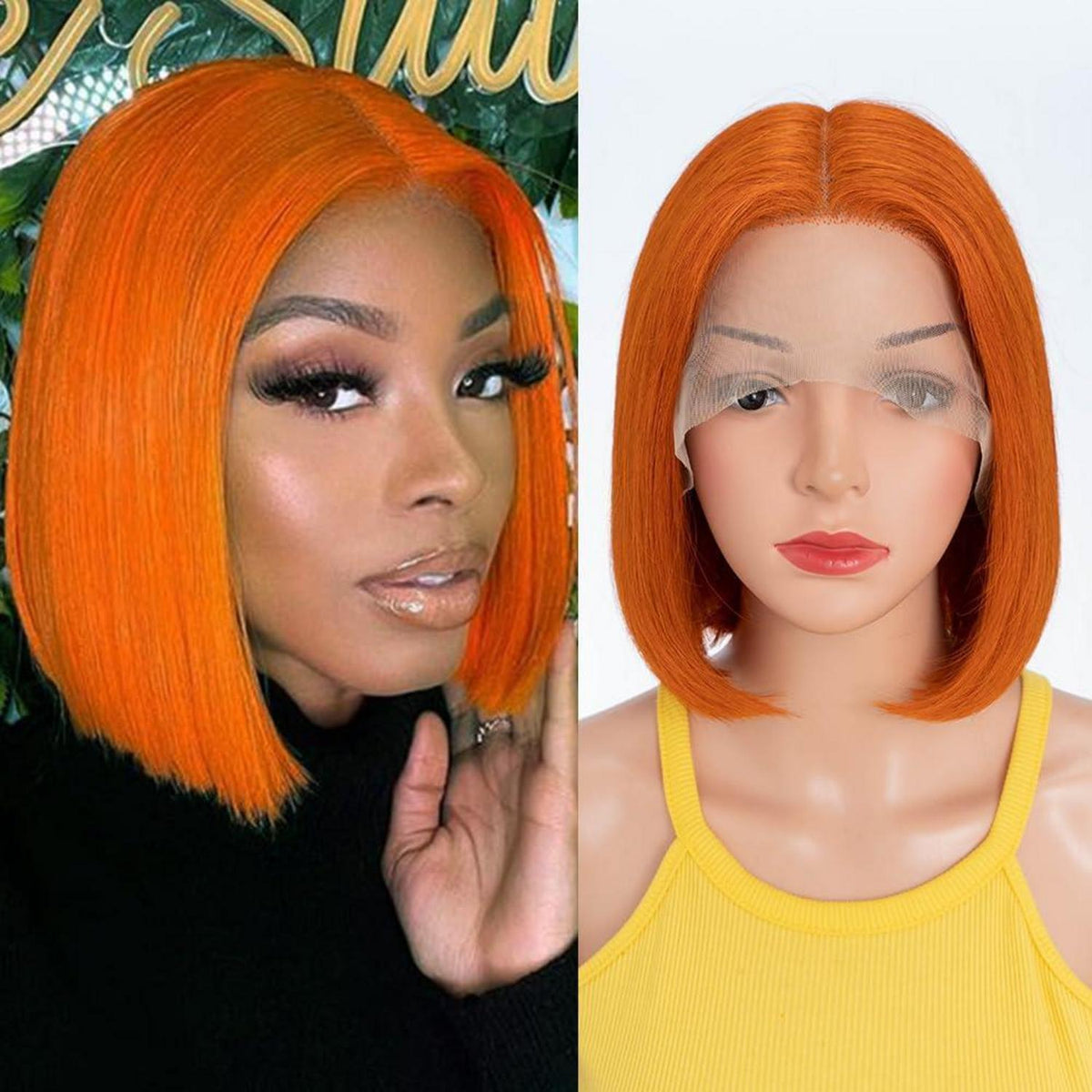 Orange Straight Bob Perücke Echthaar mit Lace Front 20cm