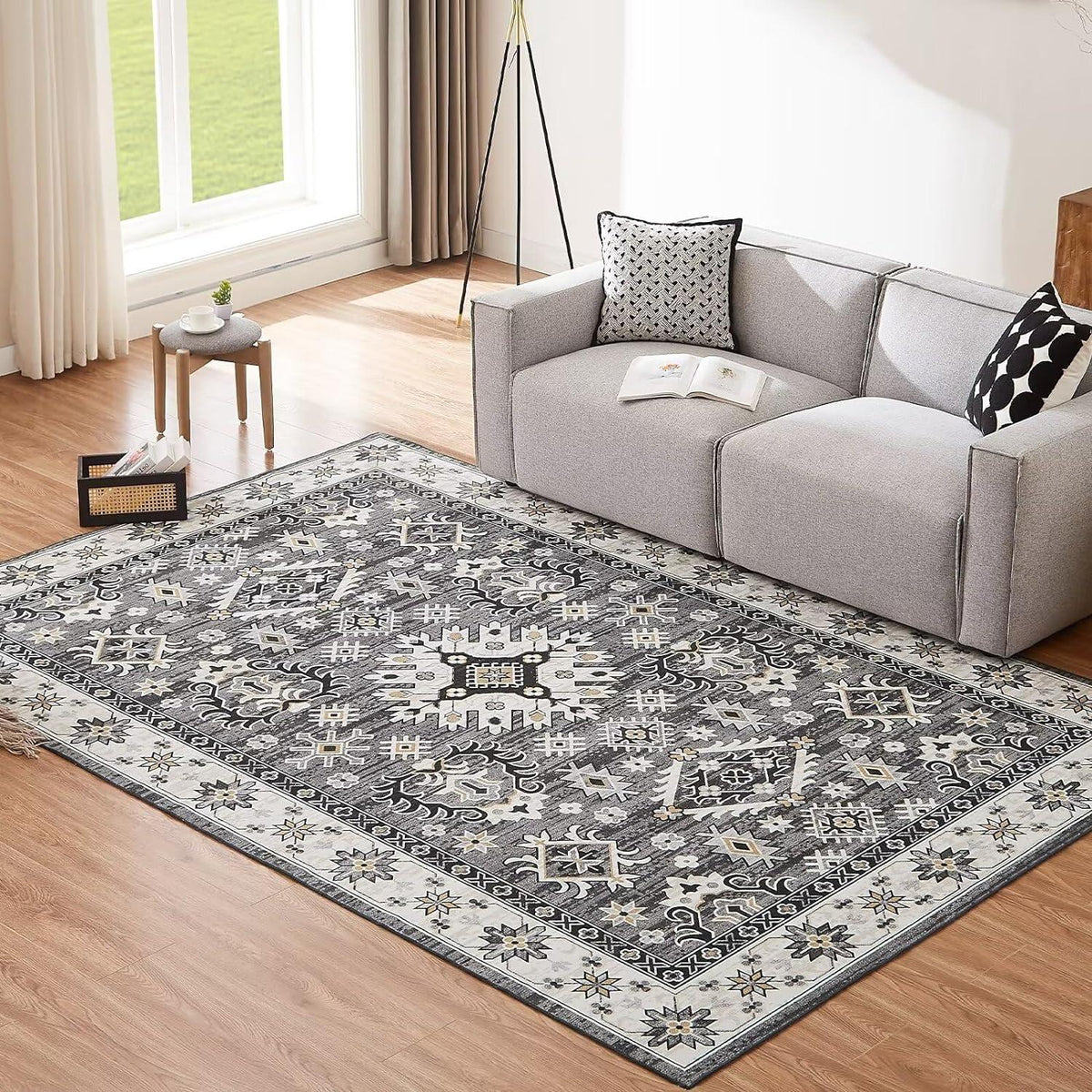 Teppich Wohnzimmer Grau Vintage Kurzflor 160x230CM waschbar rutschfest
