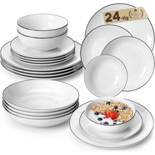 Geschirrset 24-teilig für 6 Personen, modern, weiß mit schwarzem Rand