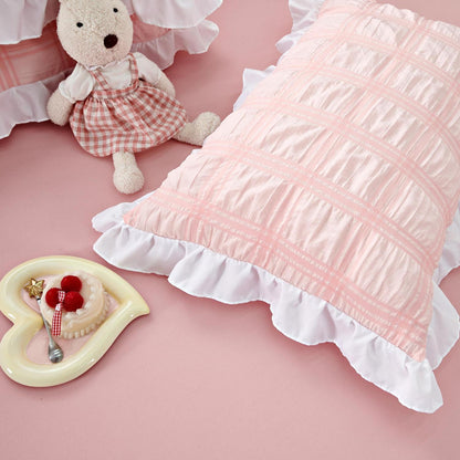 Romantische Bettwäsche 135x200 Rosa Seersucker mit Rüschen