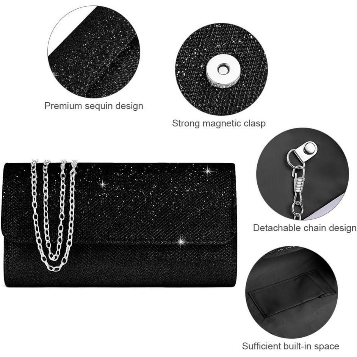 Elegante Clutch mit Kette für Damen, Schwarz