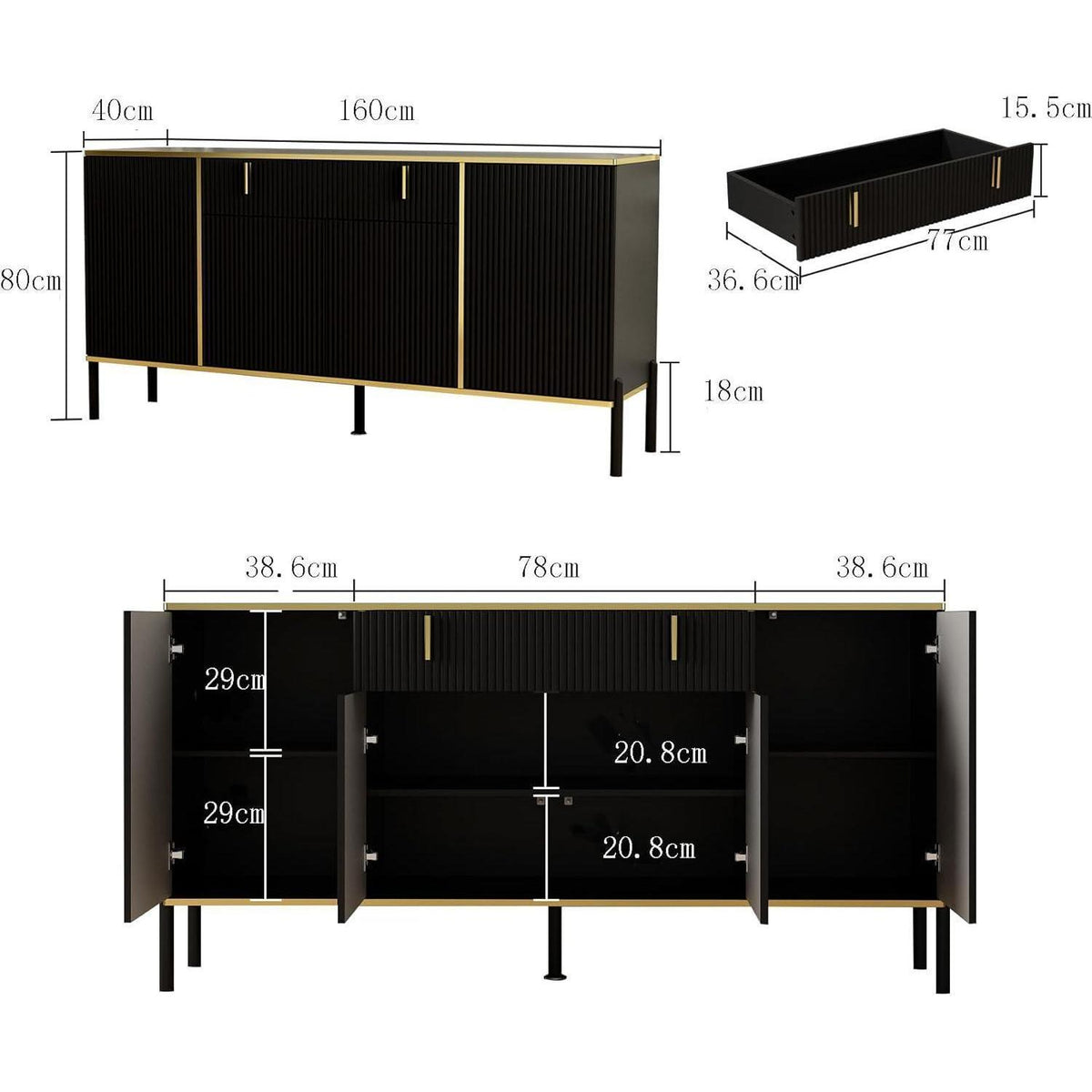 Sideboard Wohnzimmer Schwarz 160cm – Buffet mit 4 Türen & Schublade