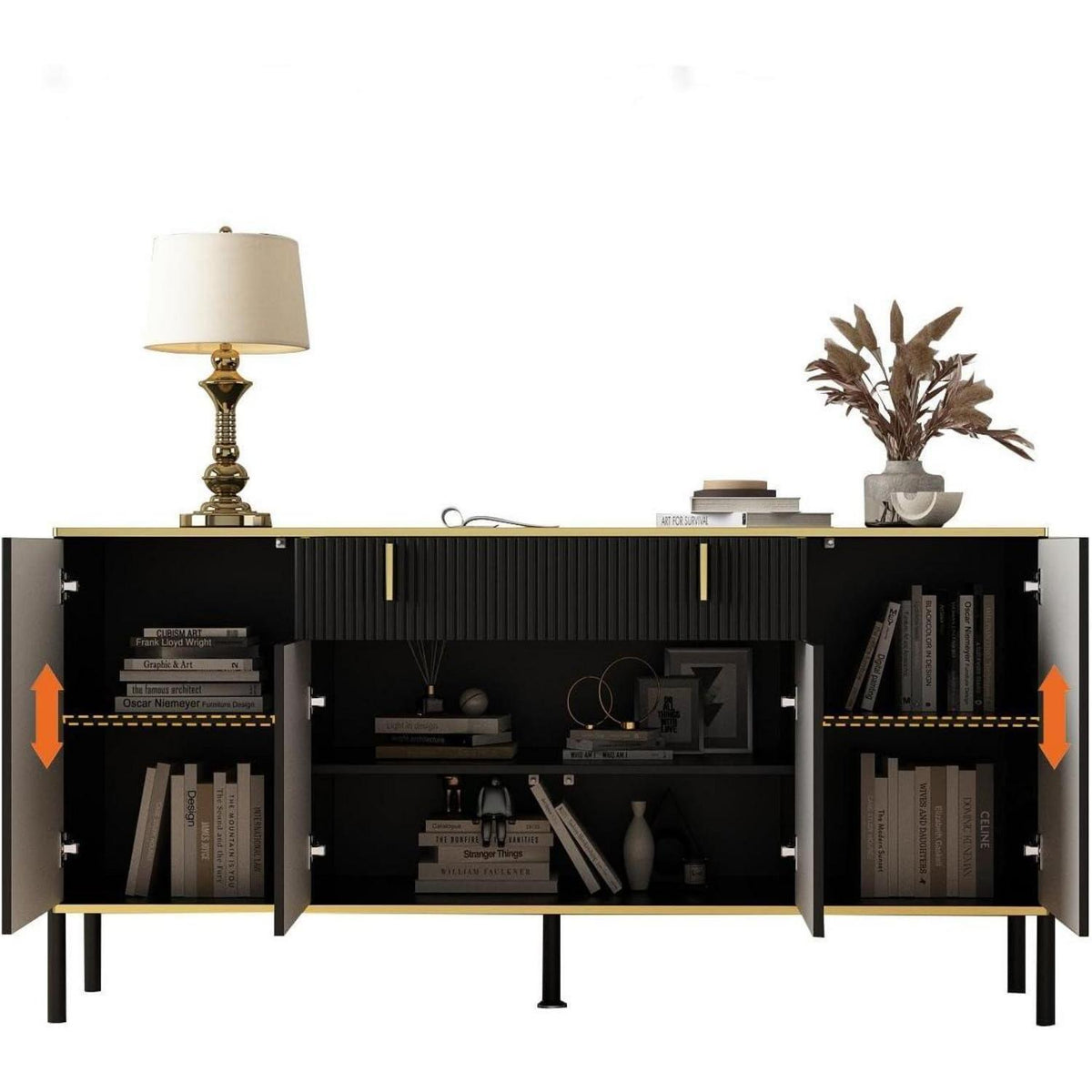 Sideboard Wohnzimmer Schwarz 160cm – Buffet mit 4 Türen & Schublade