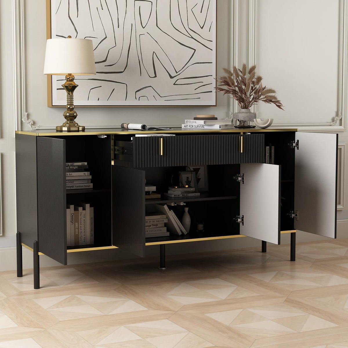 Sideboard Wohnzimmer Schwarz 160cm – Buffet mit 4 Türen & Schublade