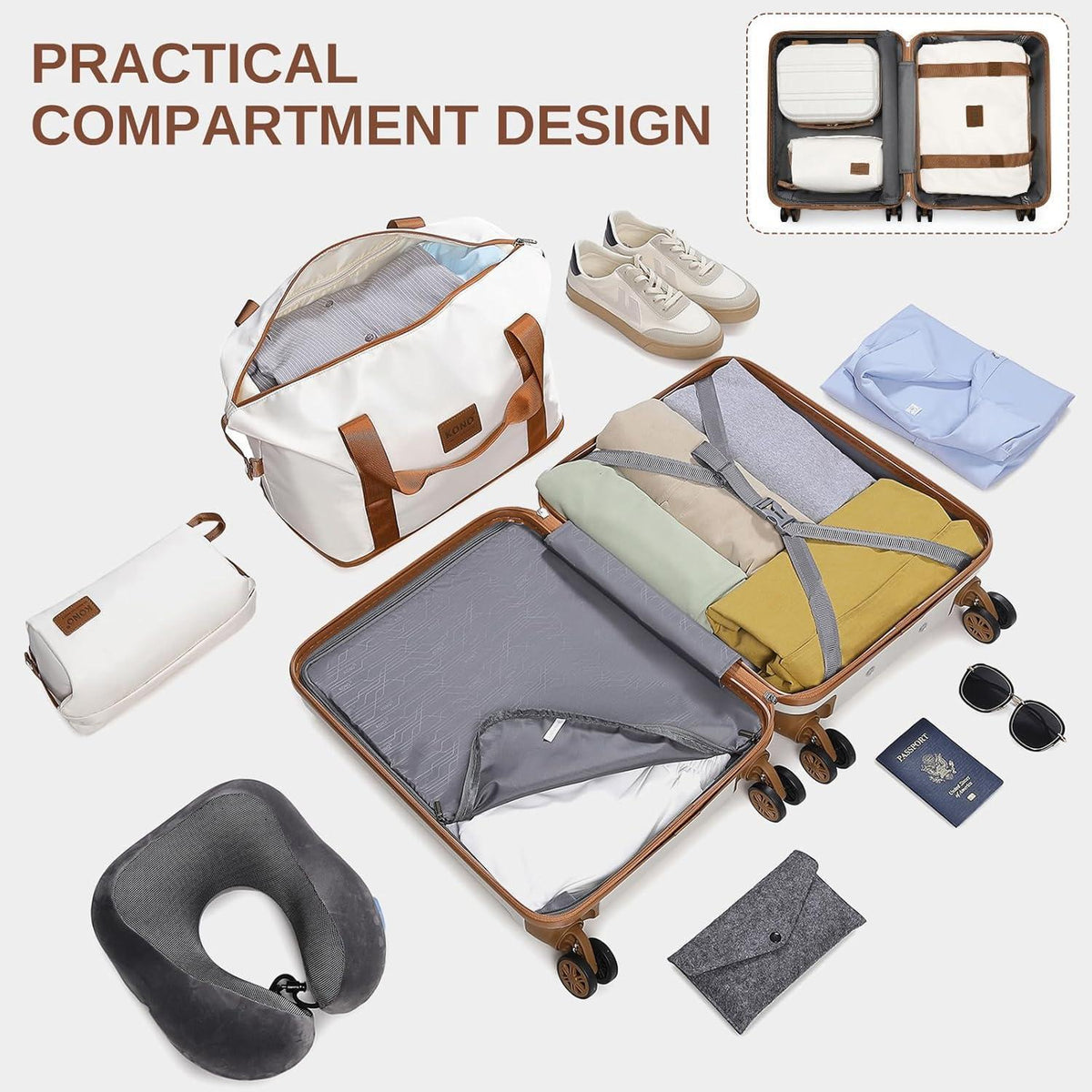 4-teiliges Reisekoffer Set mit TSA-Schloss, 55cm Handgepäck, Creme Weiß