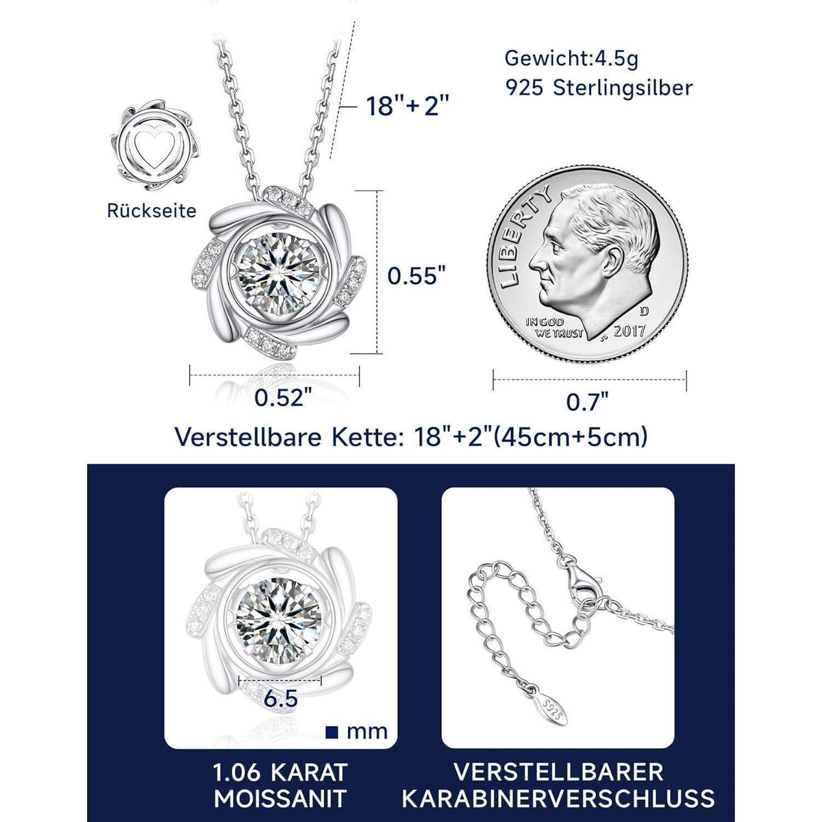 Moissanit Halskette Damen 925 Silber Windmühle Tanzender Stein Geschenk