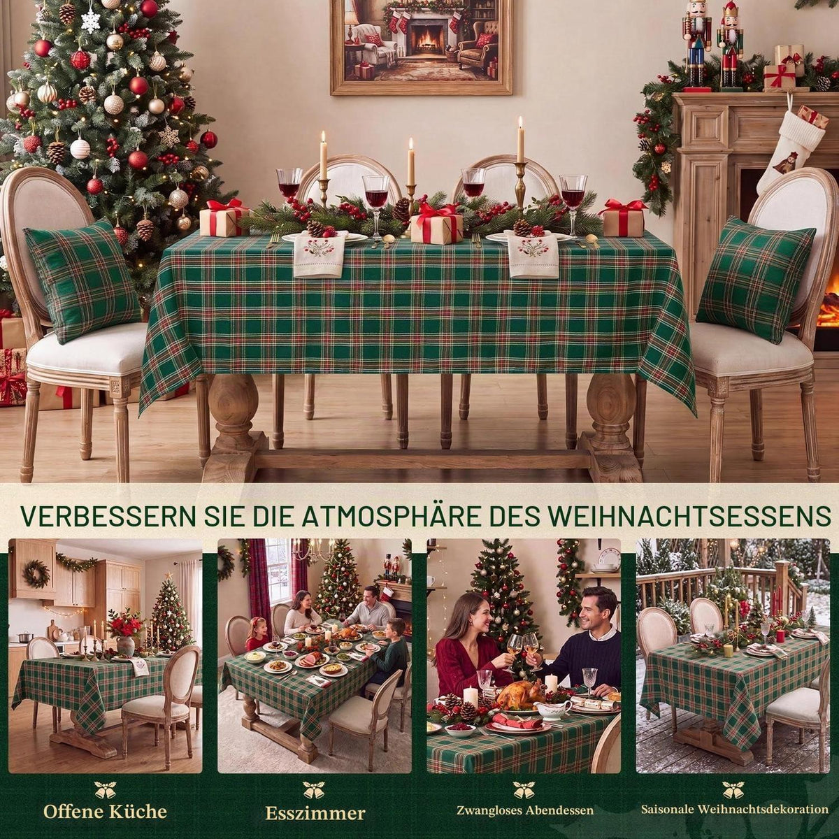 Weihnachtliche Tischdecke kariert grün 137x274 cm