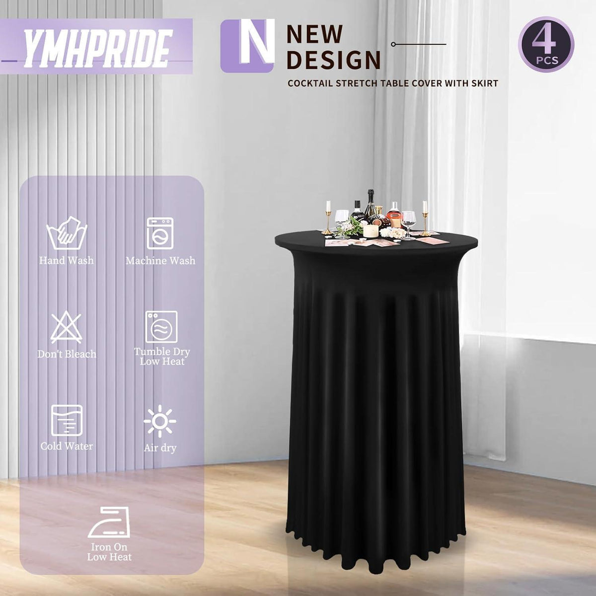 Runde Spandex Tischdecke mit Rock, 80x110cm, Schwarz, 4er Set
